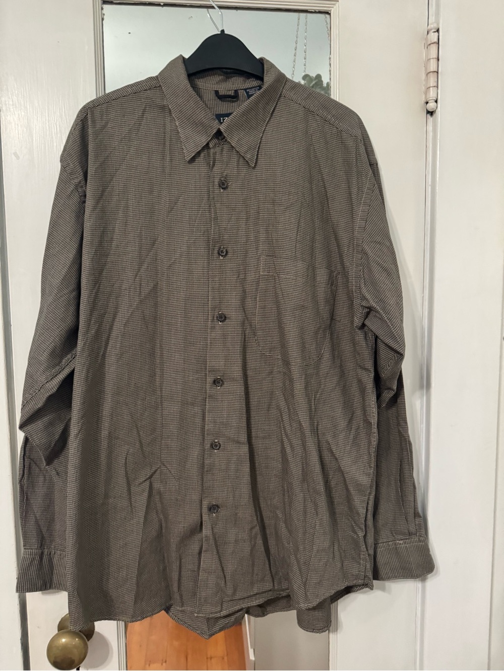 IZOD Men's Brown Gray Micro-Check Button Down Dress Shirt Size L